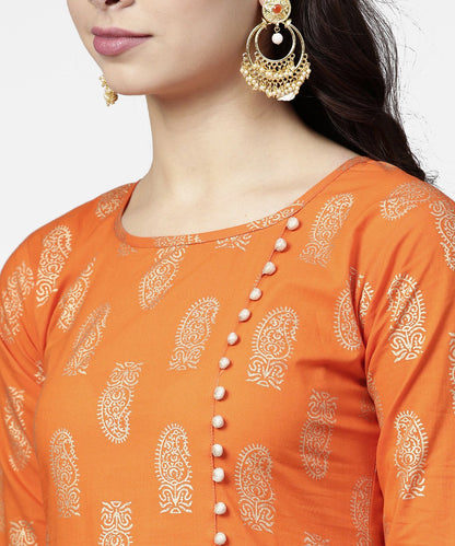 Women's Orange Printed 3/4Th Sleeve Assymetric Kurta With Ankle Length Pant