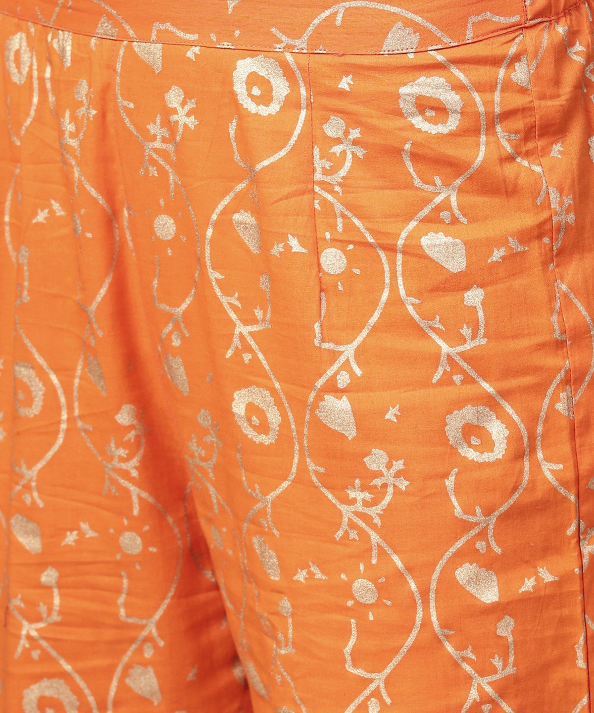 Women's Orange Printed 3/4Th Sleeve Assymetric Kurta With Ankle Length Pant