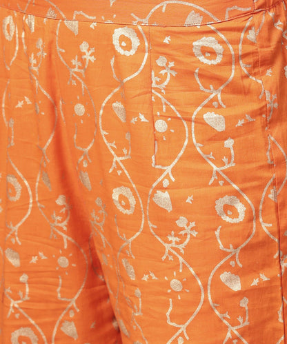Women's Orange Printed 3/4Th Sleeve Assymetric Kurta With Ankle Length Pant