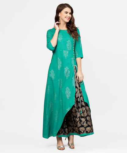 Women's Green 3/4Th Sleeve Cotton Assymetric Kurta With Black Printed Skirt