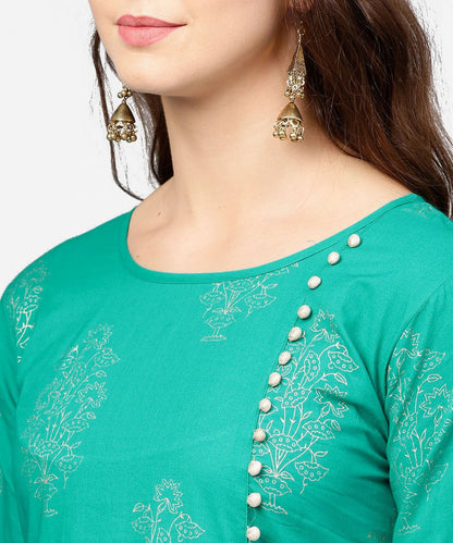 Women's Green 3/4Th Sleeve Cotton Assymetric Kurta With Black Printed Skirt