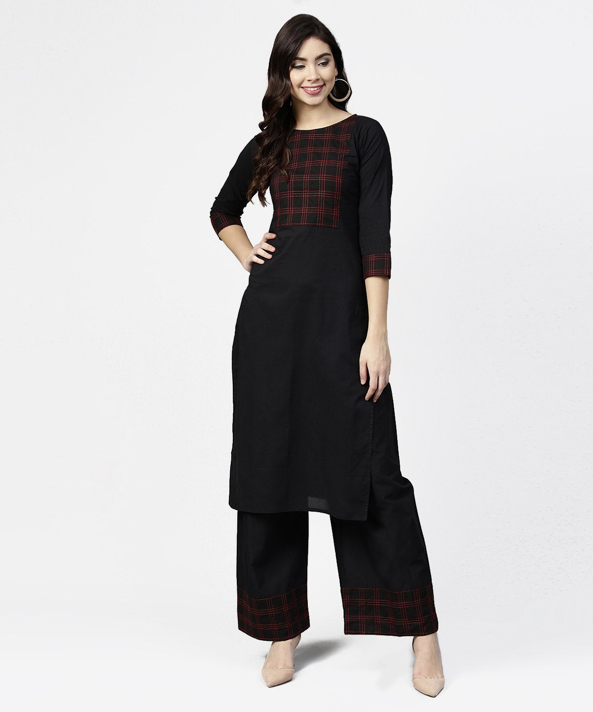 Women's Black 3/4Th Sleeve Yoke Printed Kurta With Ankle Length Pallazo