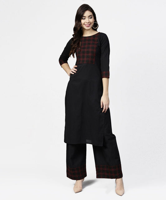 Women's Black 3/4Th Sleeve Yoke Printed Kurta With Ankle Length Pallazo