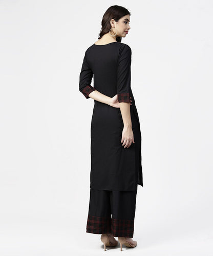 Women's Black 3/4Th Sleeve Yoke Printed Kurta With Ankle Length Pallazo