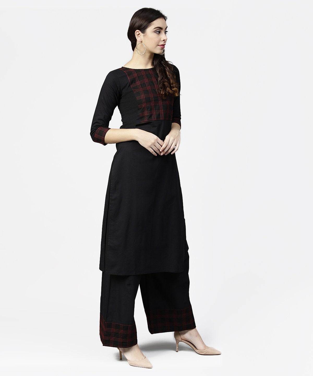 Women's Black 3/4Th Sleeve Yoke Printed Kurta With Ankle Length Pallazo