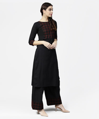 Women's Black 3/4Th Sleeve Yoke Printed Kurta With Ankle Length Pallazo