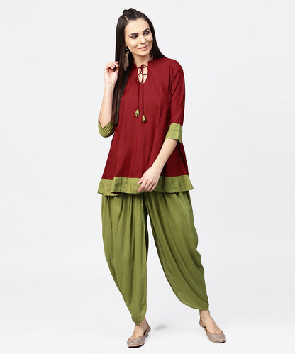 Women's Maroon 3/4Th Sleeve Rayon Tunic With Printed Border