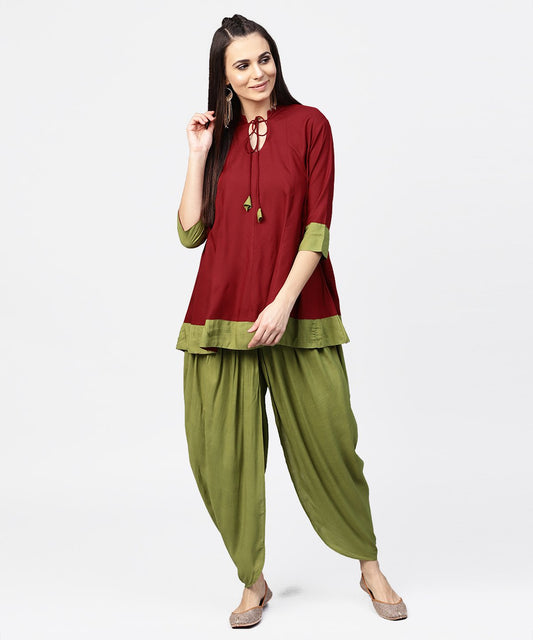 Women's Maroon 3/4Th Sleeve Rayon Tunic With Printed Border