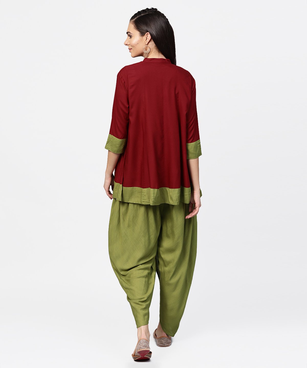 Women's Maroon 3/4Th Sleeve Rayon Tunic With Printed Border