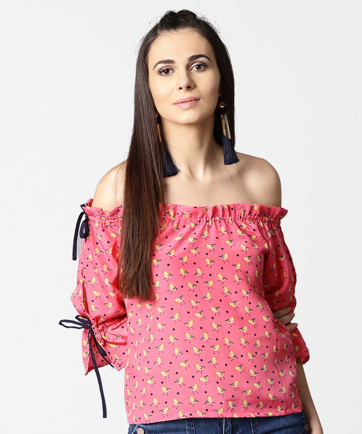Women's Pink Printed Half Sleeve Top With Adjustable Drawstrings Neckline