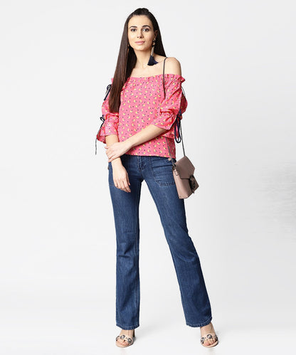 Women's Pink Printed Half Sleeve Top With Adjustable Drawstrings Neckline