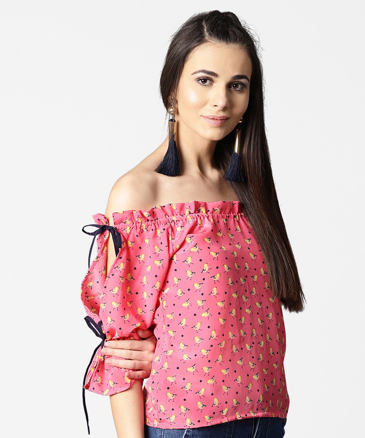 Women's Pink Printed Half Sleeve Top With Adjustable Drawstrings Neckline