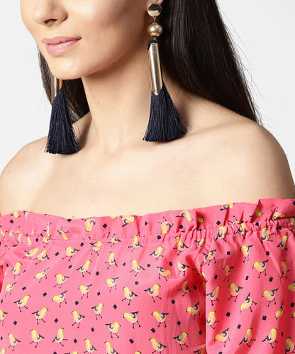 Women's Pink Printed Half Sleeve Top With Adjustable Drawstrings Neckline