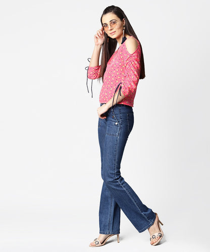 Women's Pink Printed Cold Shoulder Top With Key Hole Neck & Adjustable Drawstrings Gathered Sleeves