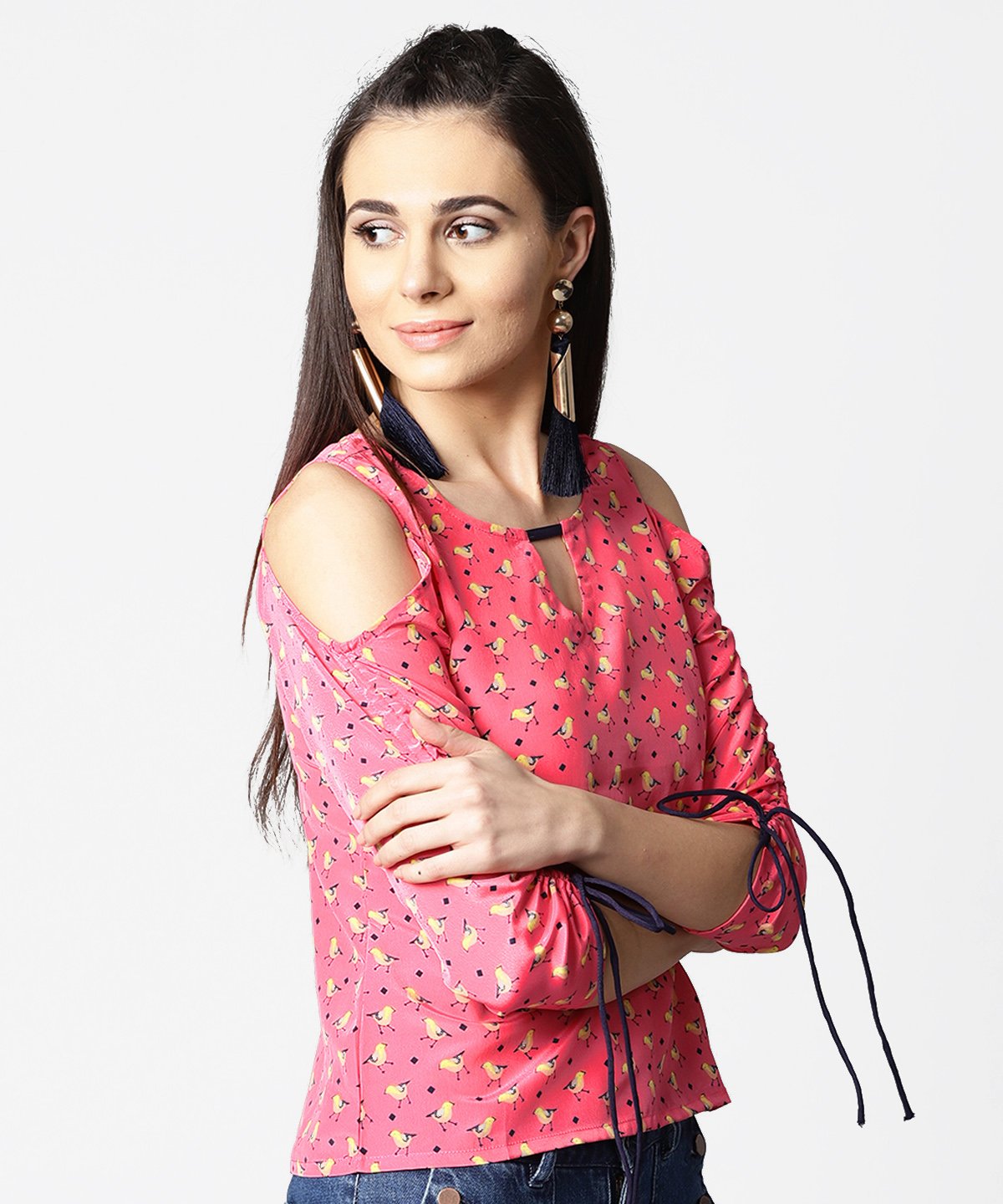 Women's Pink Printed Cold Shoulder Top With Key Hole Neck & Adjustable Drawstrings Gathered Sleeves