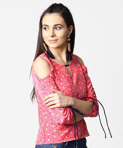 Women's Pink Printed Cold Shoulder Top With Key Hole Neck & Adjustable Drawstrings Gathered Sleeves