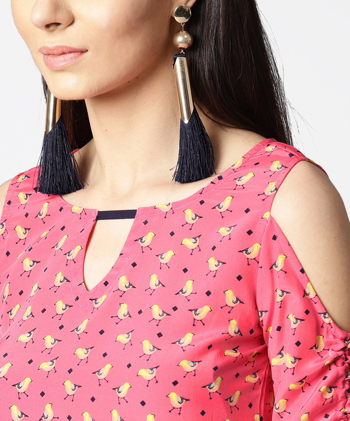 Women's Pink Printed Cold Shoulder Top With Key Hole Neck & Adjustable Drawstrings Gathered Sleeves