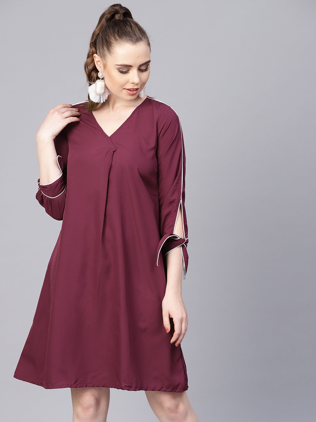 Women's Burgundy A-Line Dress With Knot Style Sleeves