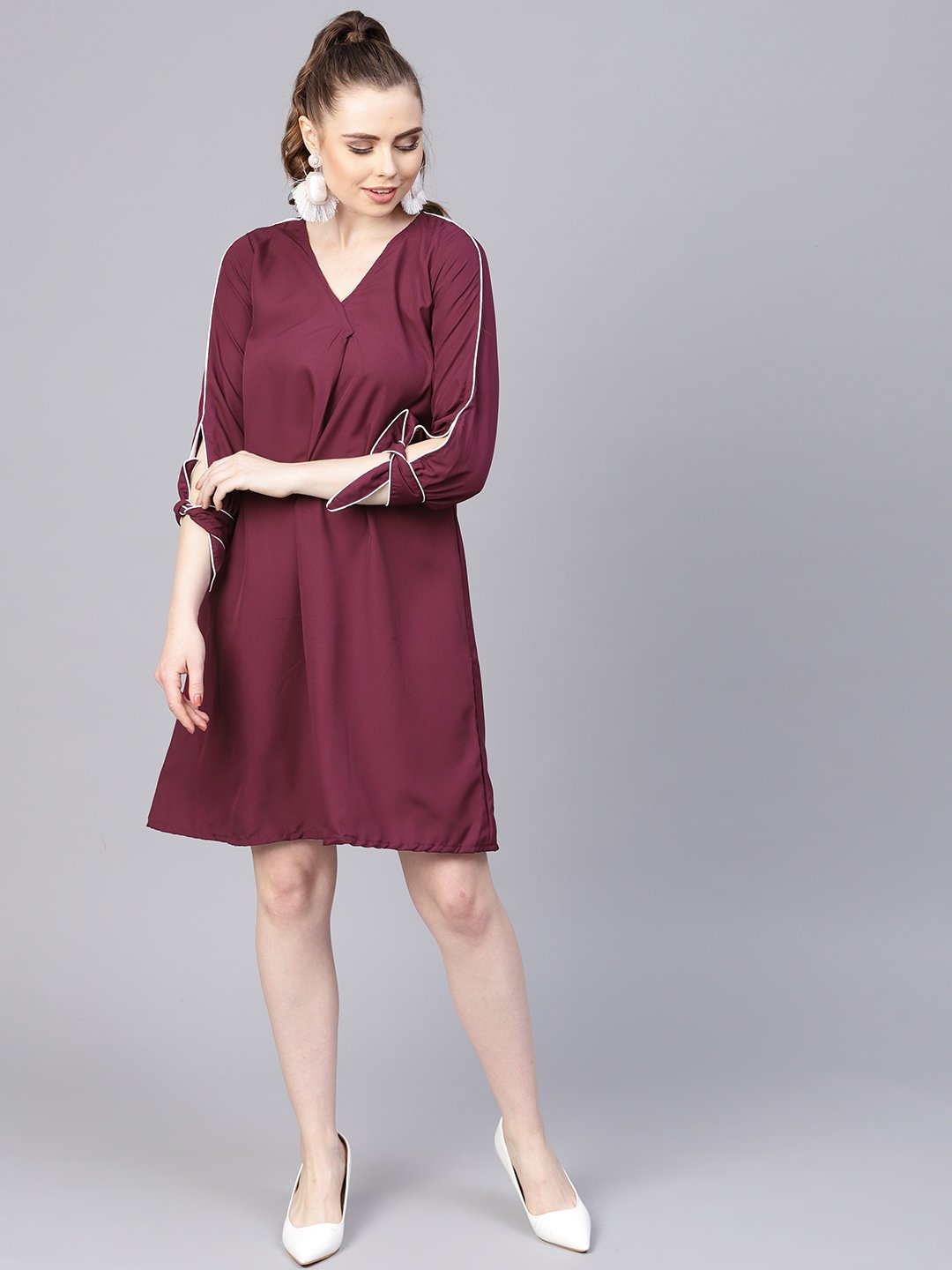 Women's Burgundy A-Line Dress With Knot Style Sleeves