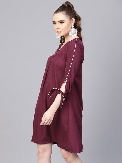 Women's Burgundy A-Line Dress With Knot Style Sleeves