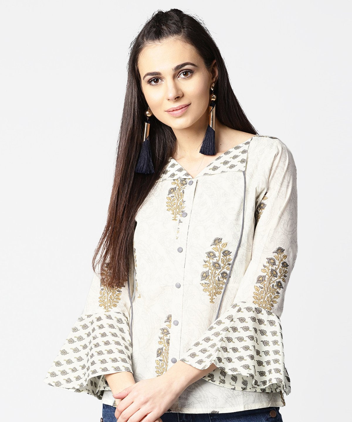 Women's Off White Full Sleeve Cotton Tops