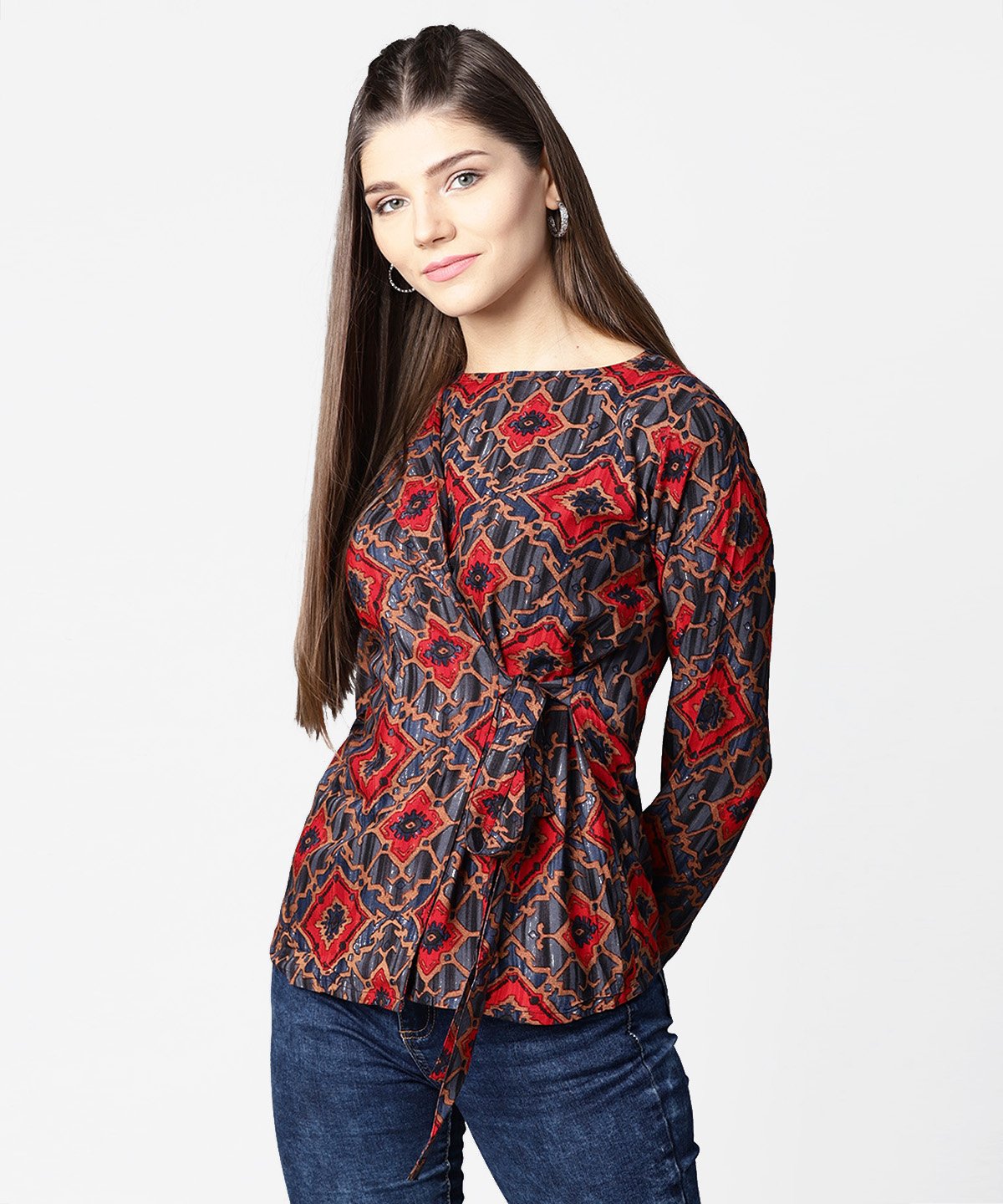 Women's Blue & Red Printed Full Sleeve Tops