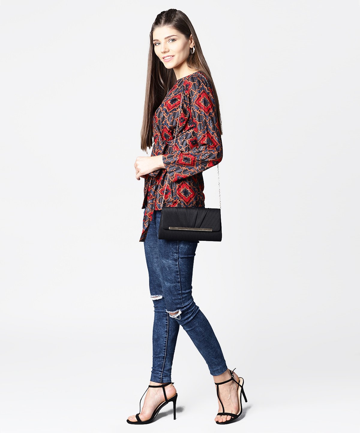 Women's Blue & Red Printed Full Sleeve Tops