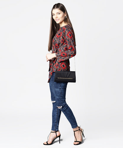 Women's Blue & Red Printed Full Sleeve Tops
