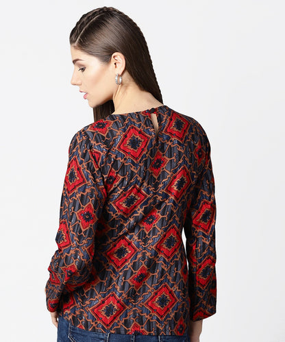 Women's Blue & Red Printed Full Sleeve Tops