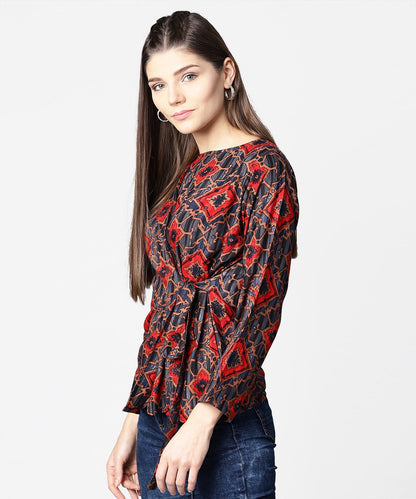 Women's Blue & Red Printed Full Sleeve Tops