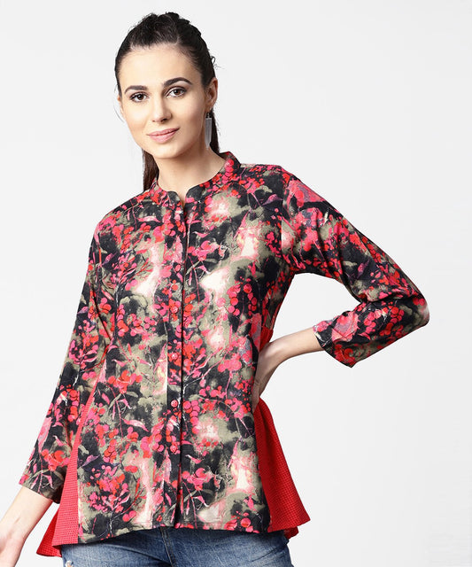 Women's Black & Pink Printed 3/4Th Sleeve Tops With Side Gathered