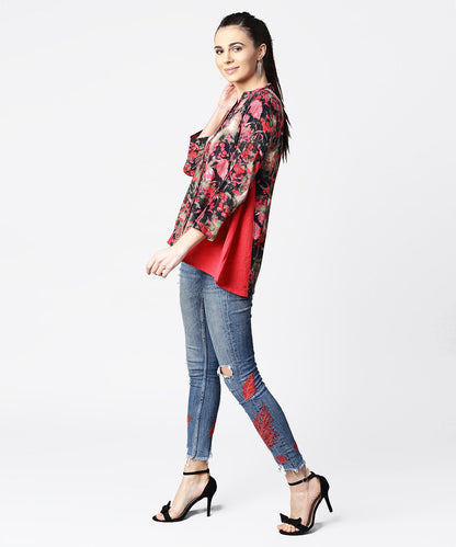 Women's Black & Pink Printed 3/4Th Sleeve Tops With Side Gathered