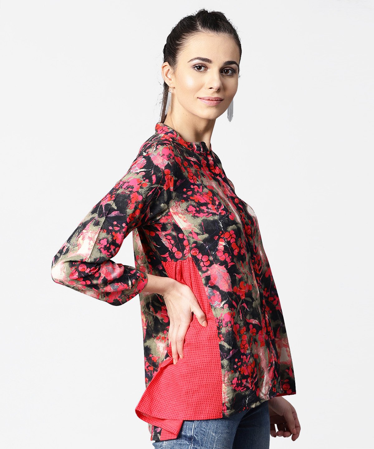 Women's Black & Pink Printed 3/4Th Sleeve Tops With Side Gathered