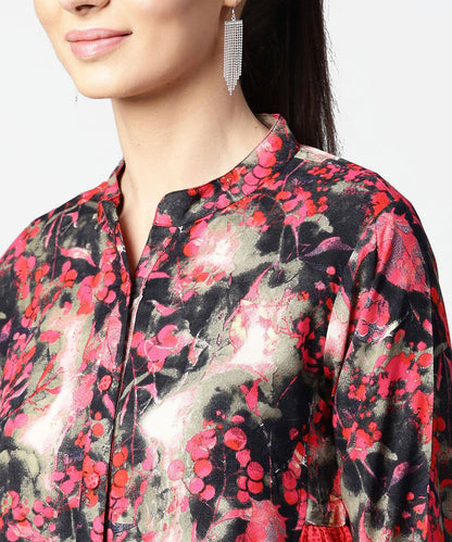 Women's Black & Pink Printed 3/4Th Sleeve Tops With Side Gathered