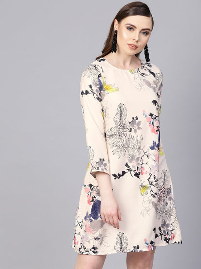 Women's Off White Printed 3/4Th Sleeve A-Line Dress