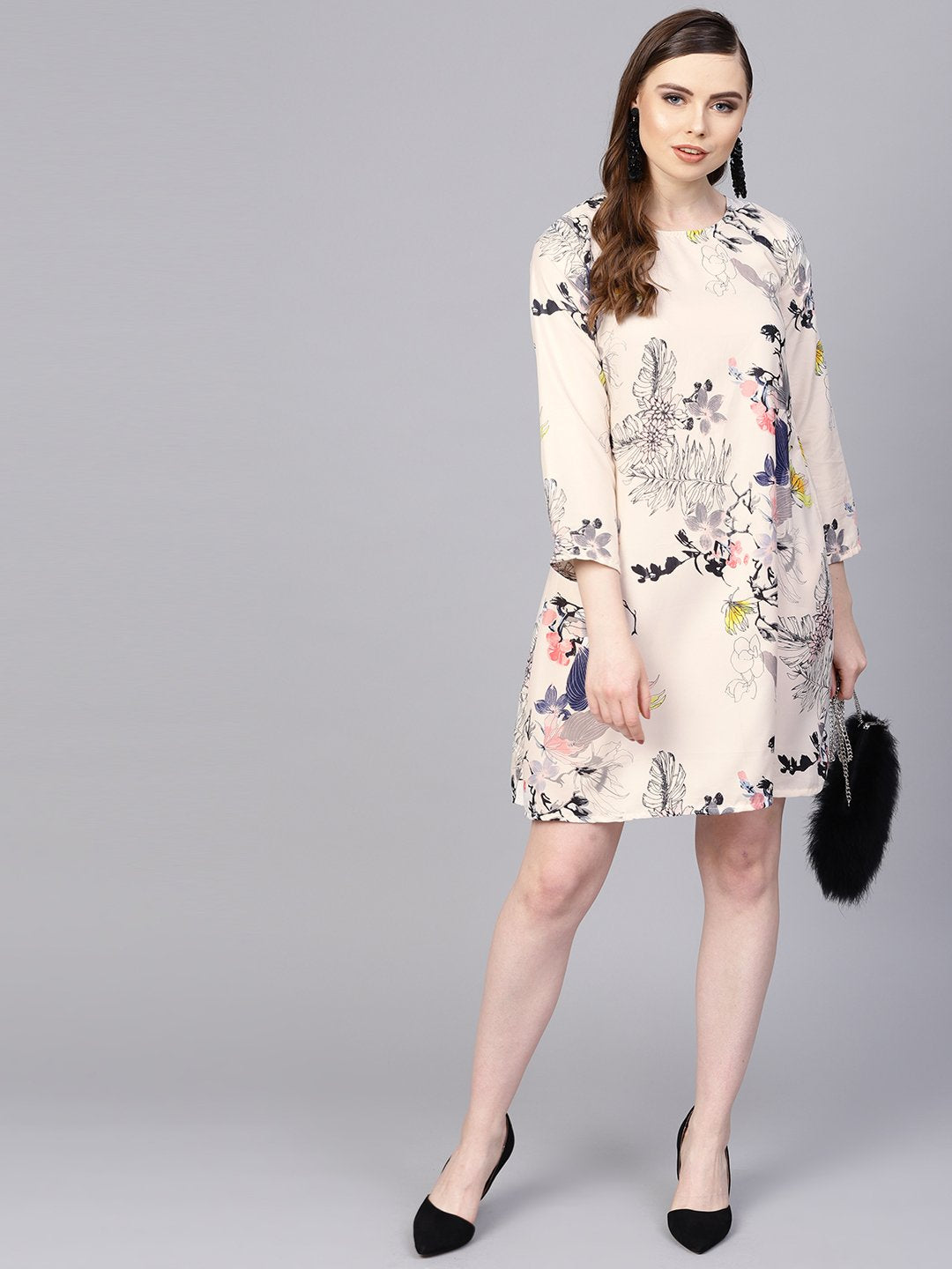 Women's Off White Printed 3/4Th Sleeve A-Line Dress