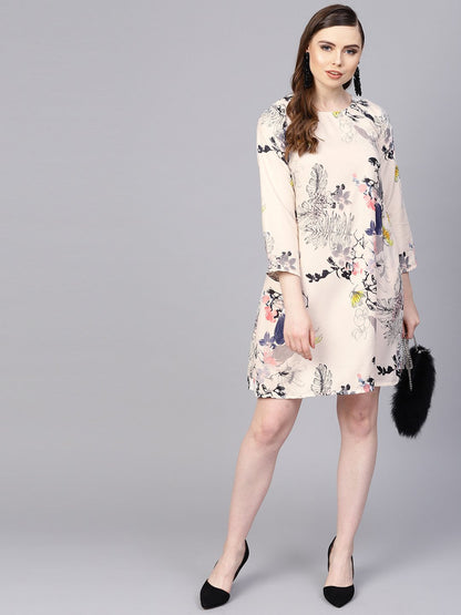 Women's Off White Printed 3/4Th Sleeve A-Line Dress