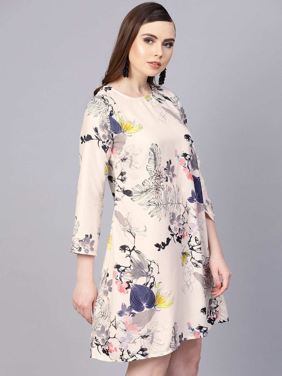 Women's Off White Printed 3/4Th Sleeve A-Line Dress