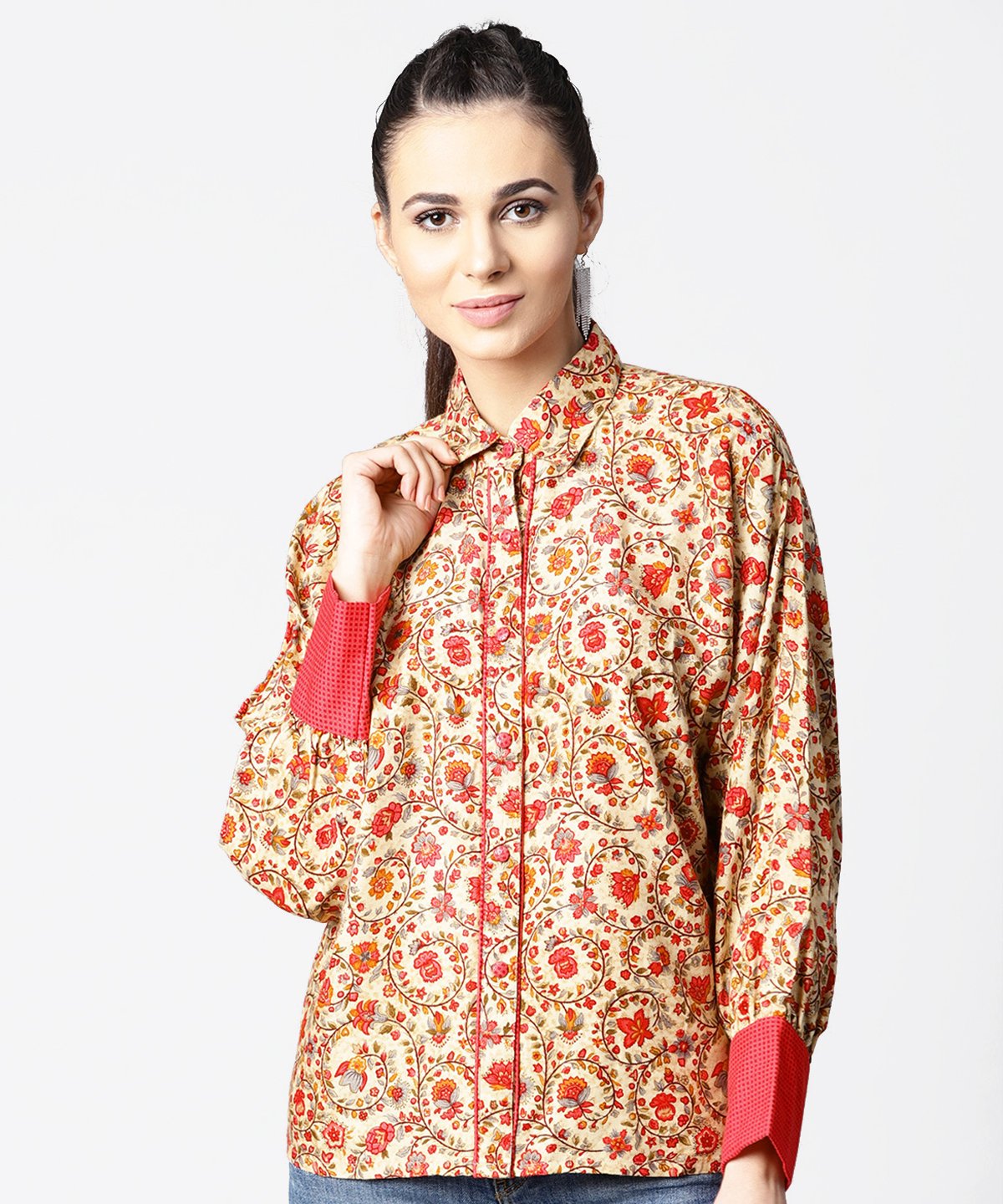Women's Off White & Pink Printed Full Sleeve Tops