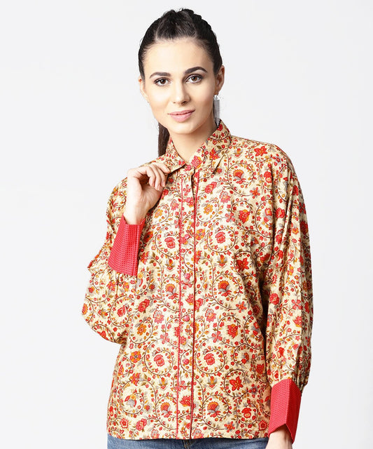 Women's Off White & Pink Printed Full Sleeve Tops