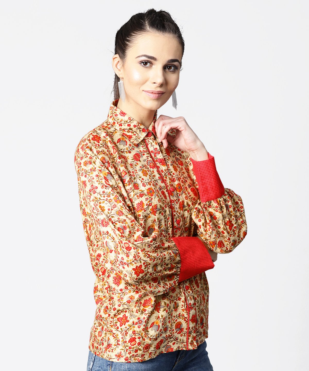 Women's Off White & Pink Printed Full Sleeve Tops