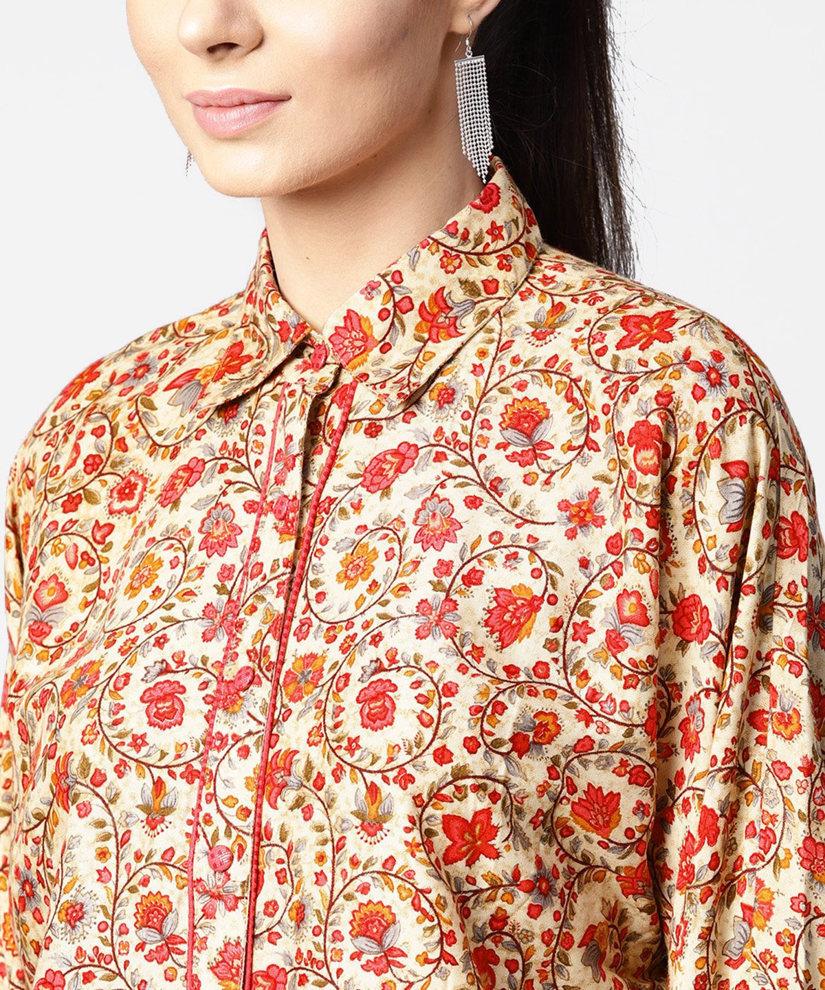 Women's Off White & Pink Printed Full Sleeve Tops
