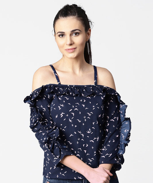 Women's Cold Shoulder Navy Blue Printed Draw String Top With Ruffled Neck & Sleeve