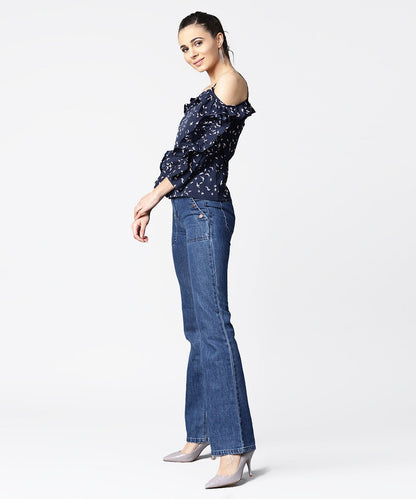 Women's Cold Shoulder Navy Blue Printed Draw String Top With Ruffled Neck & Sleeve