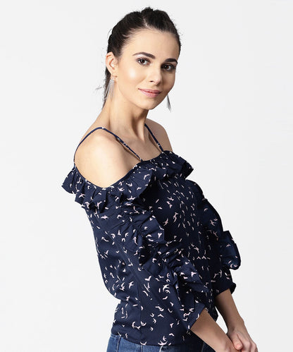 Women's Cold Shoulder Navy Blue Printed Draw String Top With Ruffled Neck & Sleeve