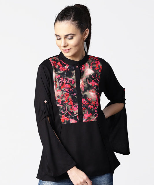 Women's Black Full Sleeve Rayon Tops With Printed Yoke