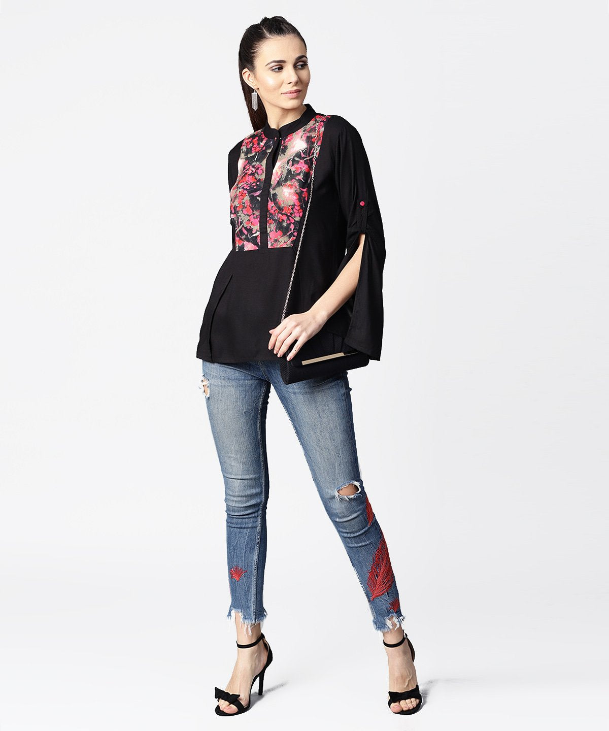 Women's Black Full Sleeve Rayon Tops With Printed Yoke