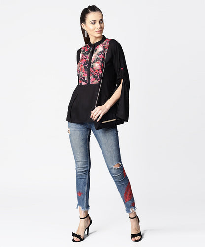 Women's Black Full Sleeve Rayon Tops With Printed Yoke