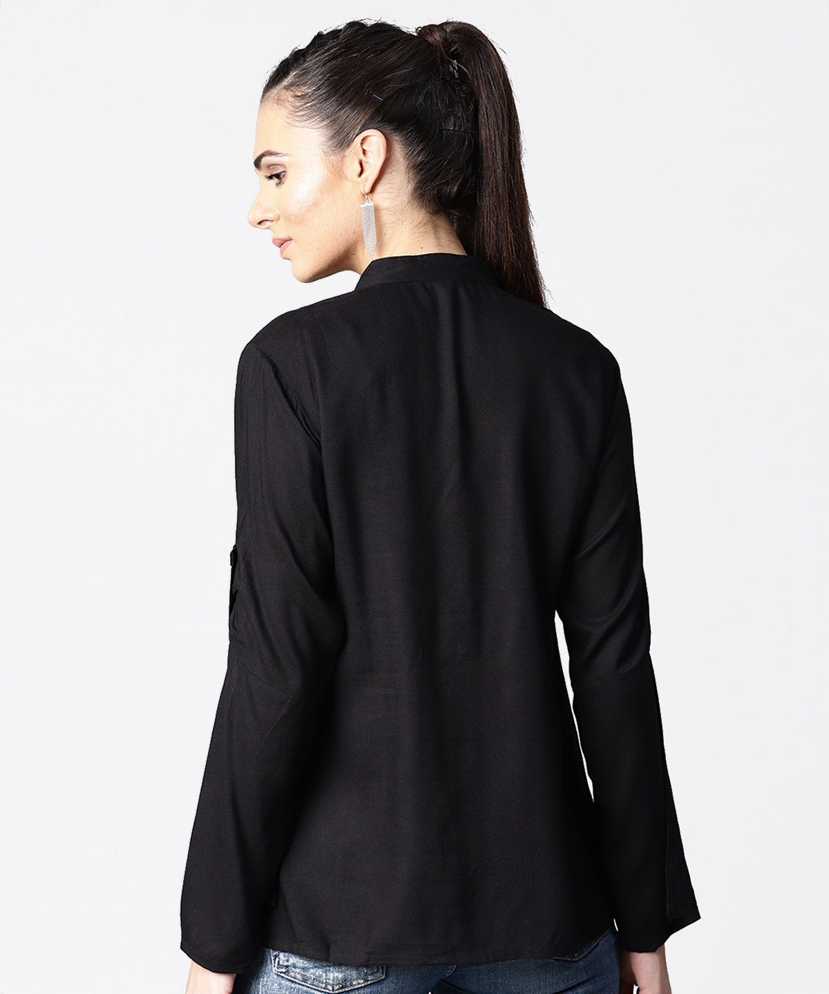 Women's Black Full Sleeve Rayon Tops With Printed Yoke