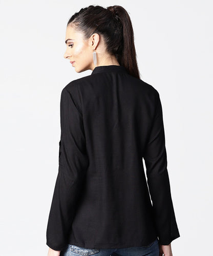 Women's Black Full Sleeve Rayon Tops With Printed Yoke